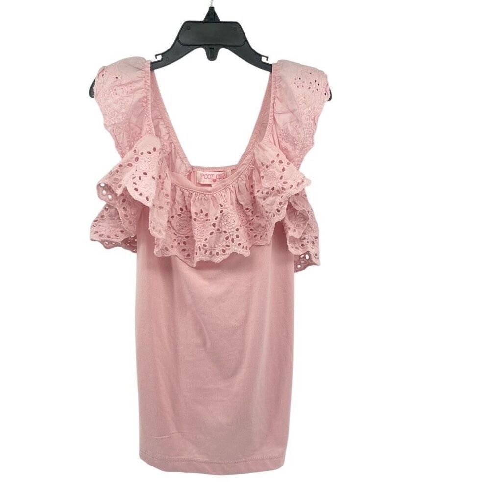 Poof Girl Pink Eyelet Ruffle Trim Sleeveless Cotton Blend Top - Small